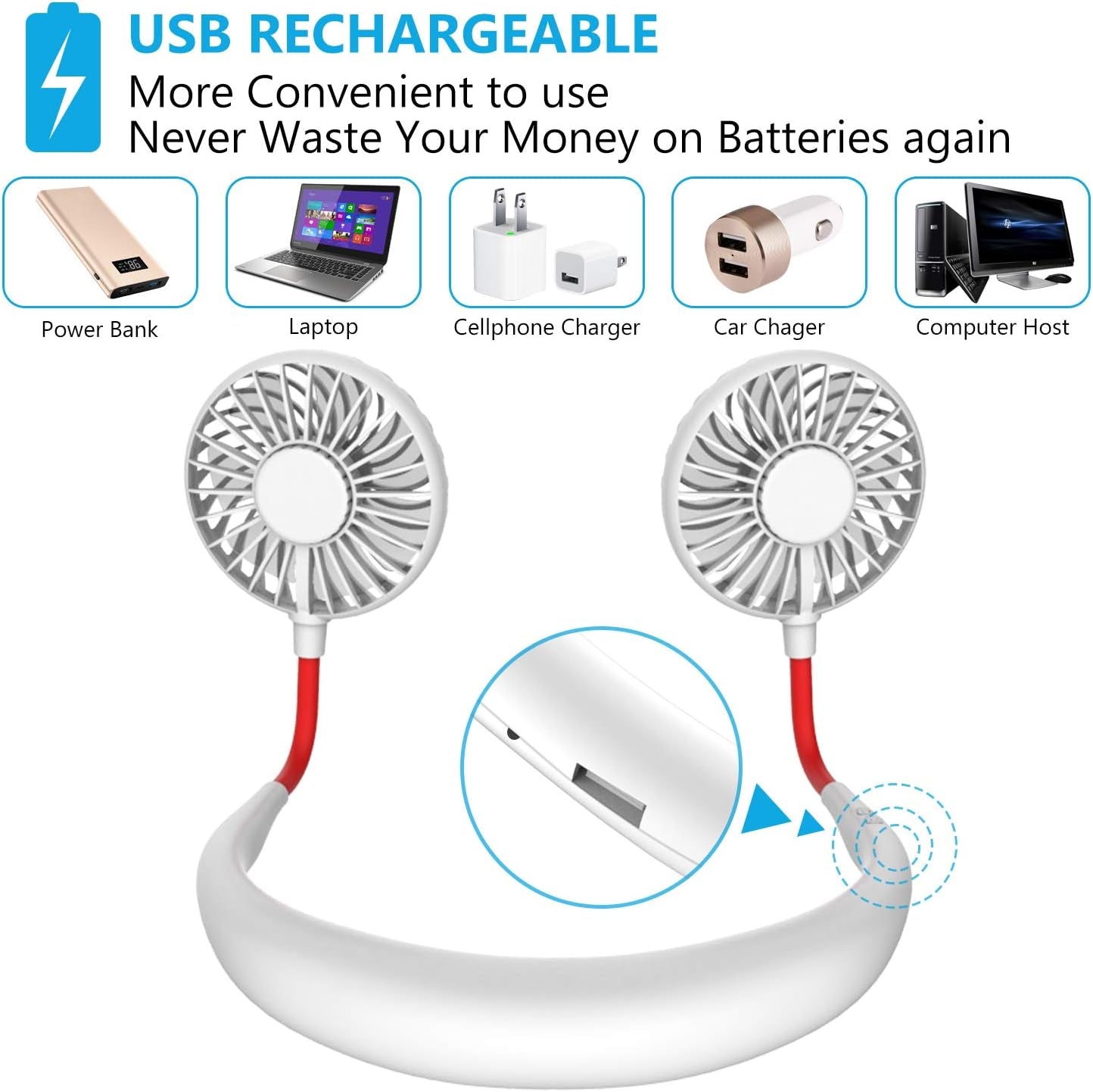 Hands Free Portable Neck Fan - Rechargeable Mini USB Personal Fan Battery Operated with 3 Level Air Flow, 7 LED Lights for Home Office Travel Indoor Outdoor (White)