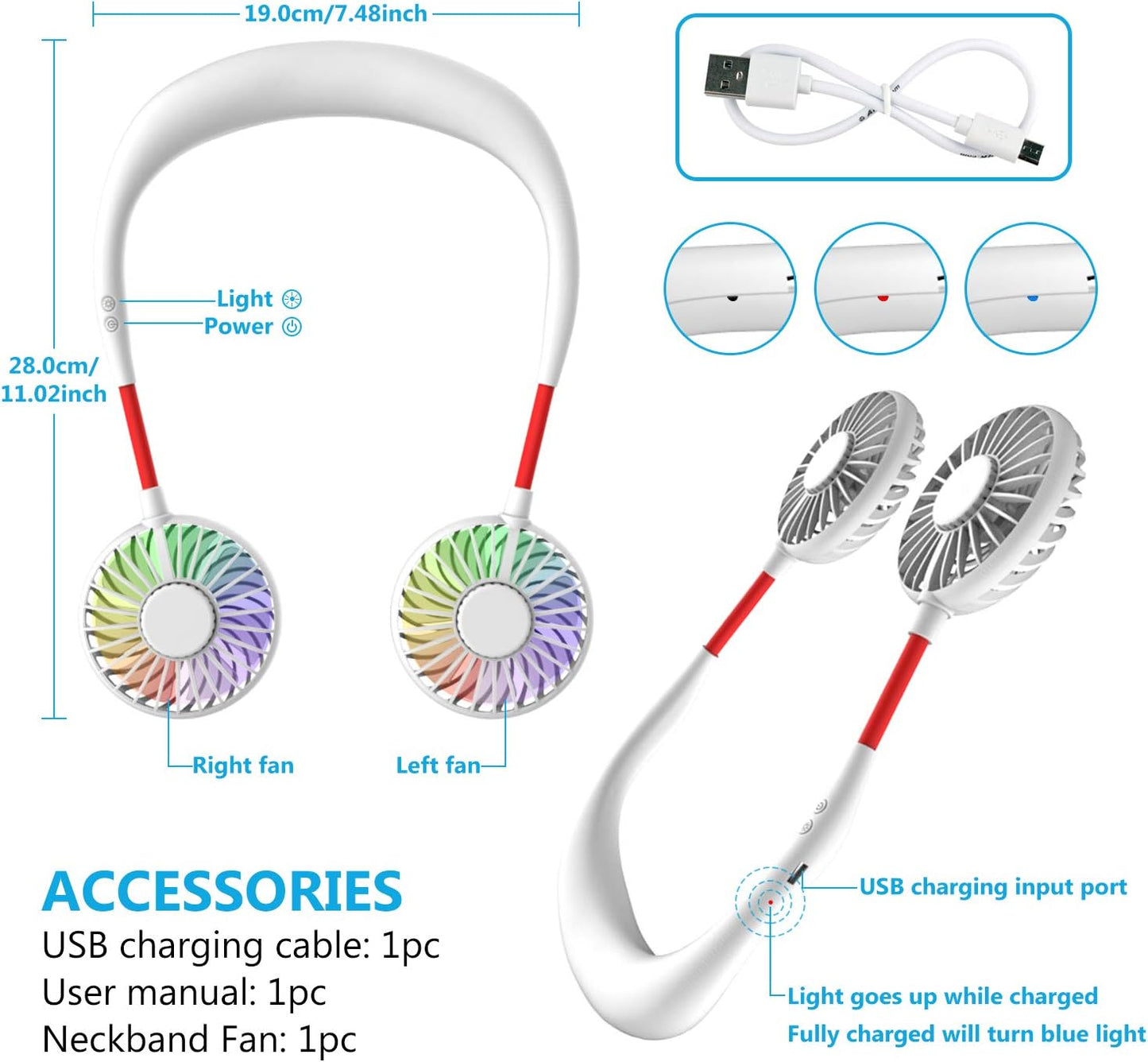 Hands Free Portable Neck Fan - Rechargeable Mini USB Personal Fan Battery Operated with 3 Level Air Flow, 7 LED Lights for Home Office Travel Indoor Outdoor (White)