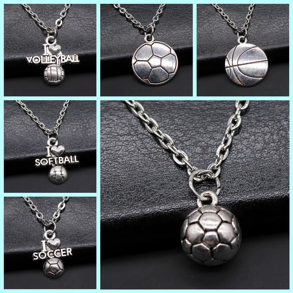 Vintage Antique Silver Color Sport Jewelry Necklace Volleyball Soccer Basketball Baseball Pendant Necklaces Metal Chain Gift