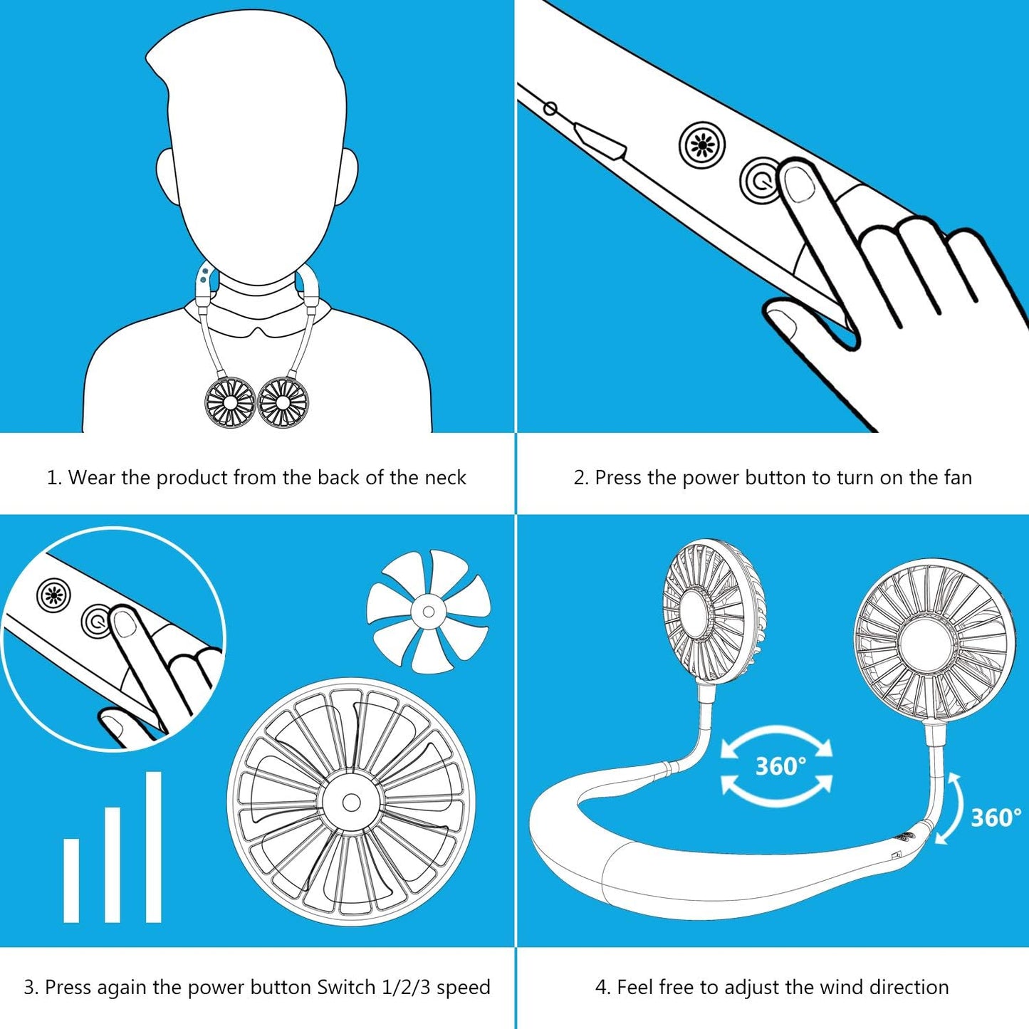 Hands Free Portable Neck Fan - Rechargeable Mini USB Personal Fan Battery Operated with 3 Level Air Flow, 7 LED Lights for Home Office Travel Indoor Outdoor (White)
