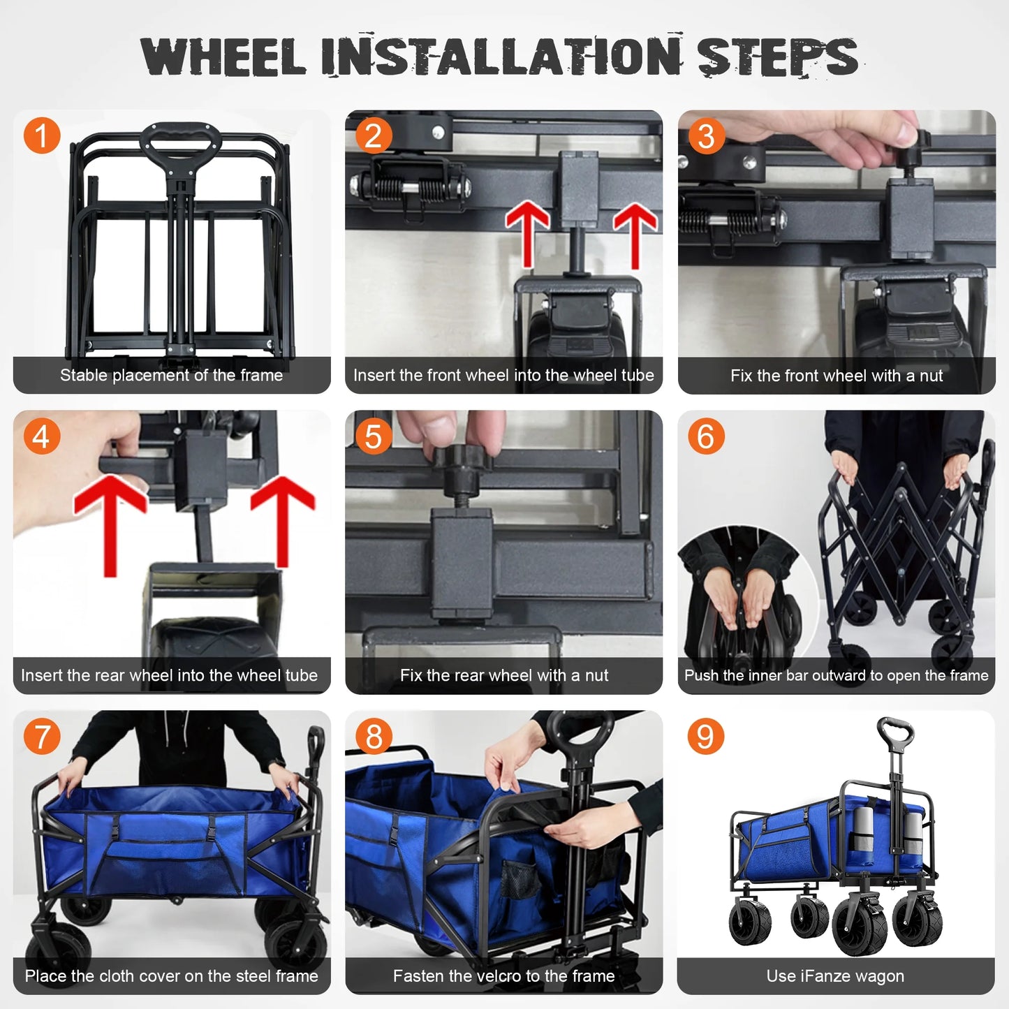 560Lbs Large Collapsible Wagon Cart, Foldable Heavy Duty Big Bucket Cart Wagon with Side Storage, Multi-Terrain Wheels with Brakes for Shopping, Camping, Garden, Grocery, Blue