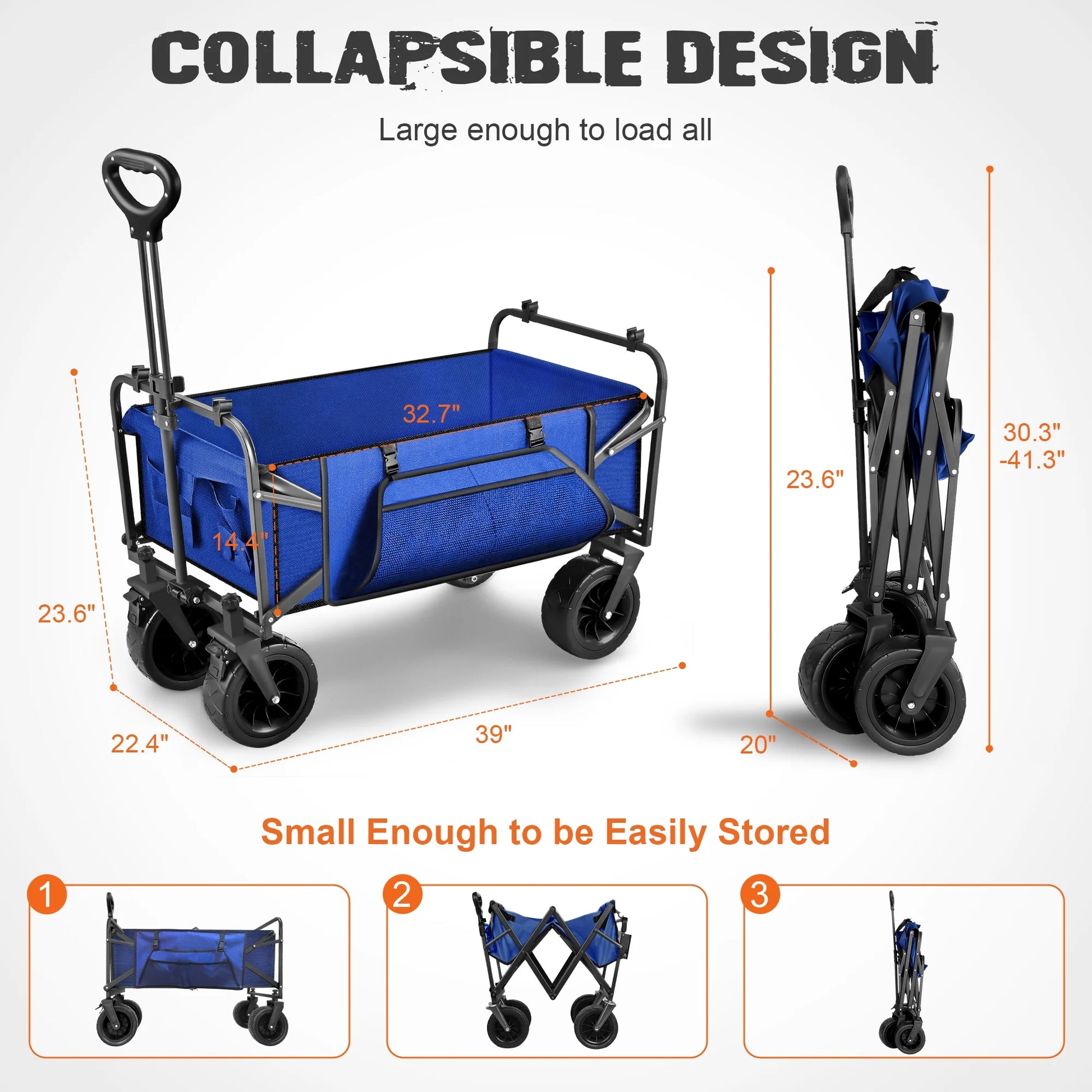 560Lbs Large Collapsible Wagon Cart, Foldable Heavy Duty Big Bucket Cart Wagon with Side Storage, Multi-Terrain Wheels with Brakes for Shopping, Camping, Garden, Grocery, Blue