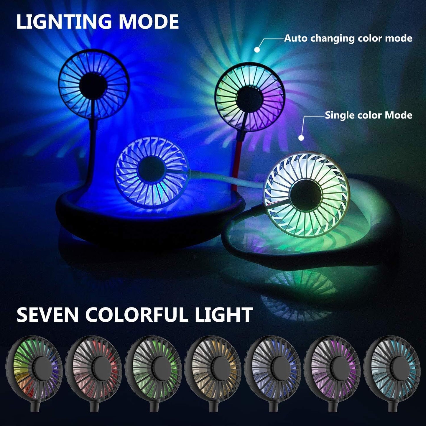 Hands Free Portable Neck Fan - Rechargeable Mini USB Personal Fan Battery Operated with 3 Level Air Flow, 7 LED Lights for Home Office Travel Indoor Outdoor (White)