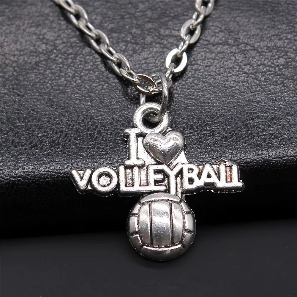 Vintage Antique Silver Color Sport Jewelry Necklace Volleyball Soccer Basketball Baseball Pendant Necklaces Metal Chain Gift