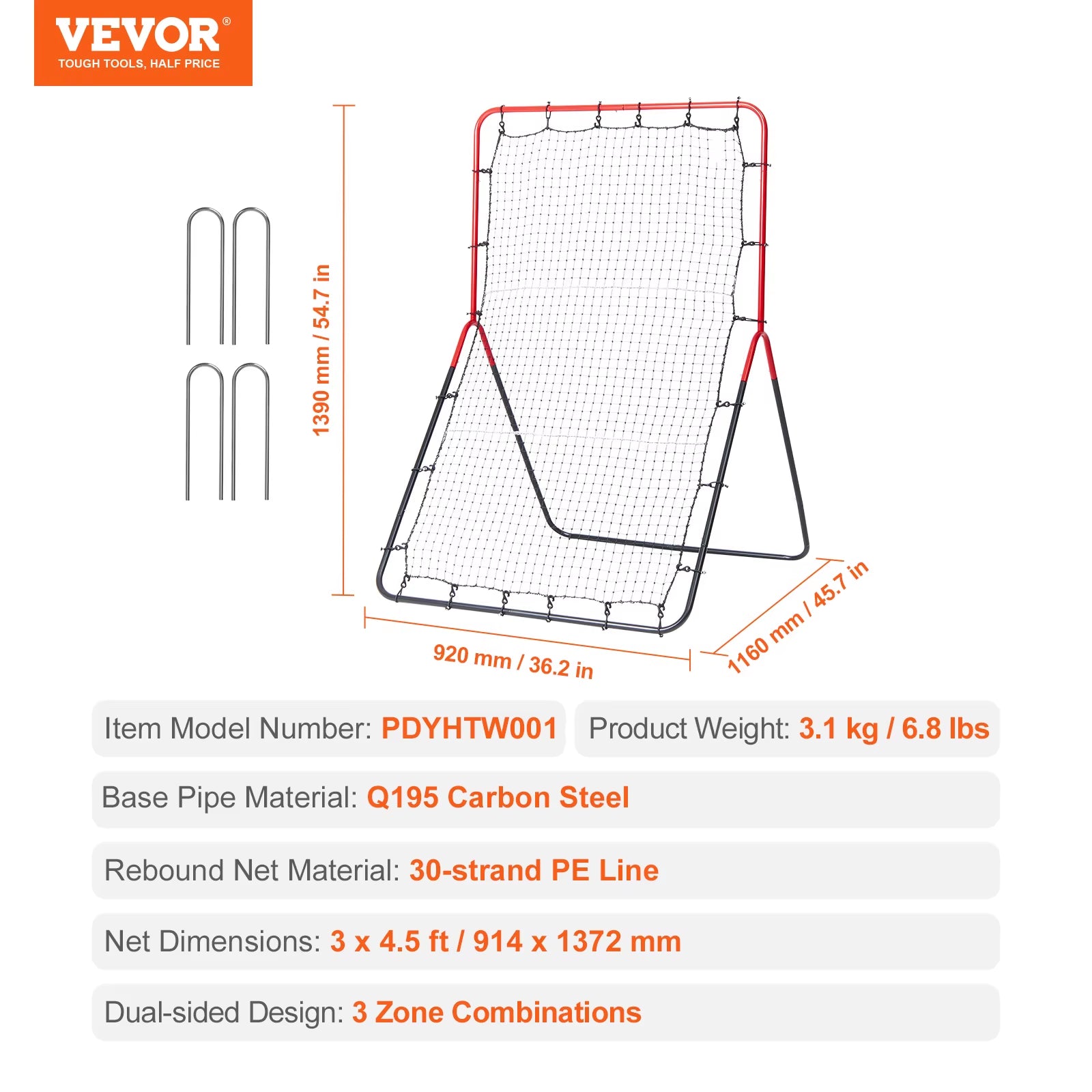 VEVOR Baseball and Softball Rebounder Net 3 X 4.5 Ft Pitchback Baseball Pitching Nest Three-Way Baseball Softball Pitchback Net