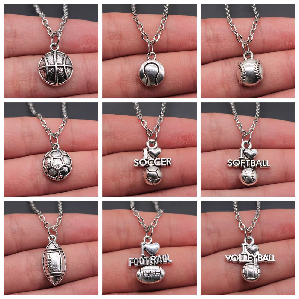Vintage Antique Silver Color Sport Jewelry Necklace Volleyball Soccer Basketball Baseball Pendant Necklaces Metal Chain Gift