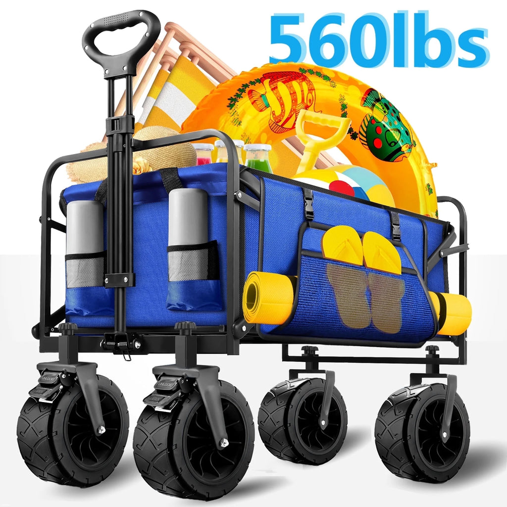 560Lbs Large Collapsible Wagon Cart, Foldable Heavy Duty Big Bucket Cart Wagon with Side Storage, Multi-Terrain Wheels with Brakes for Shopping, Camping, Garden, Grocery, Blue
