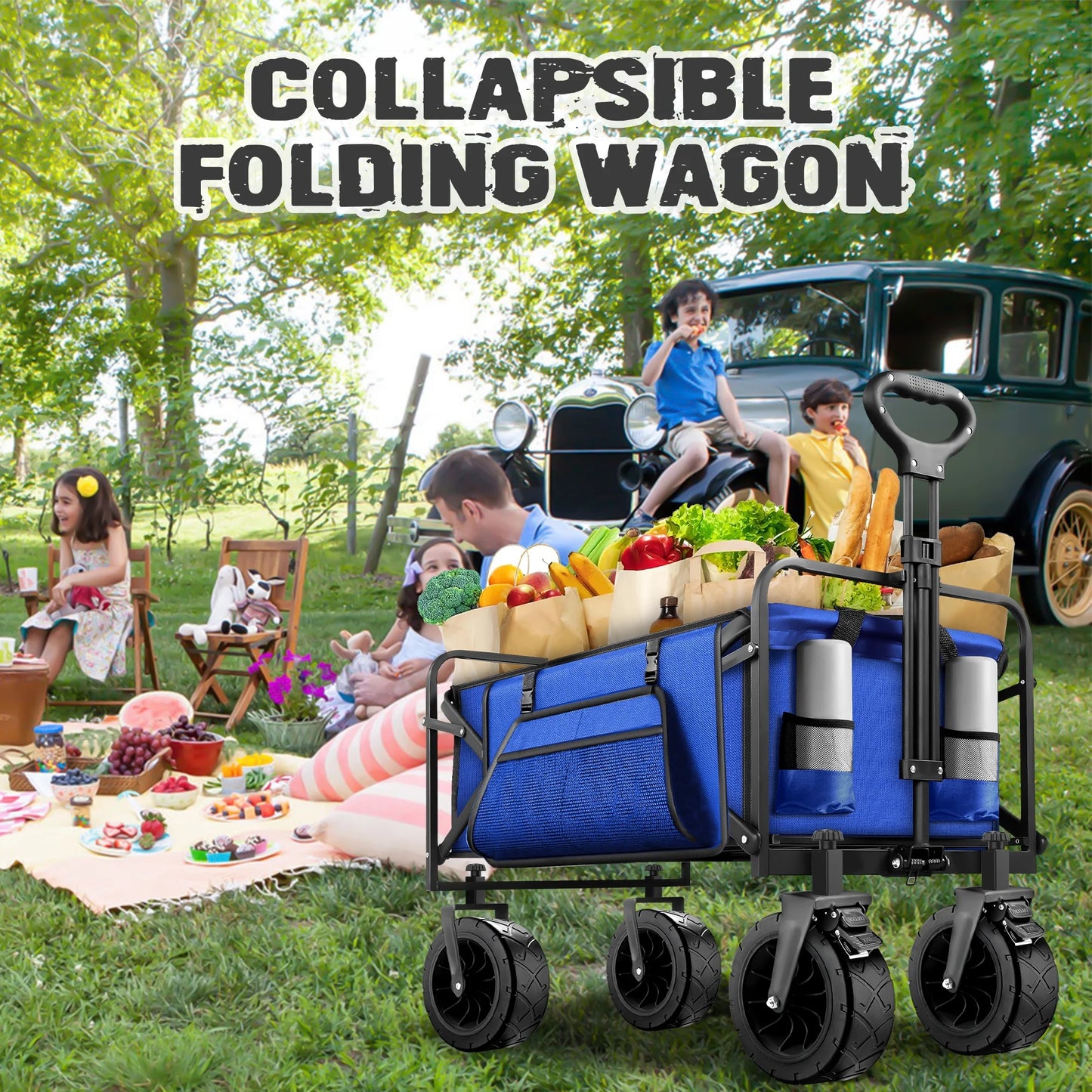 560Lbs Large Collapsible Wagon Cart, Foldable Heavy Duty Big Bucket Cart Wagon with Side Storage, Multi-Terrain Wheels with Brakes for Shopping, Camping, Garden, Grocery, Blue