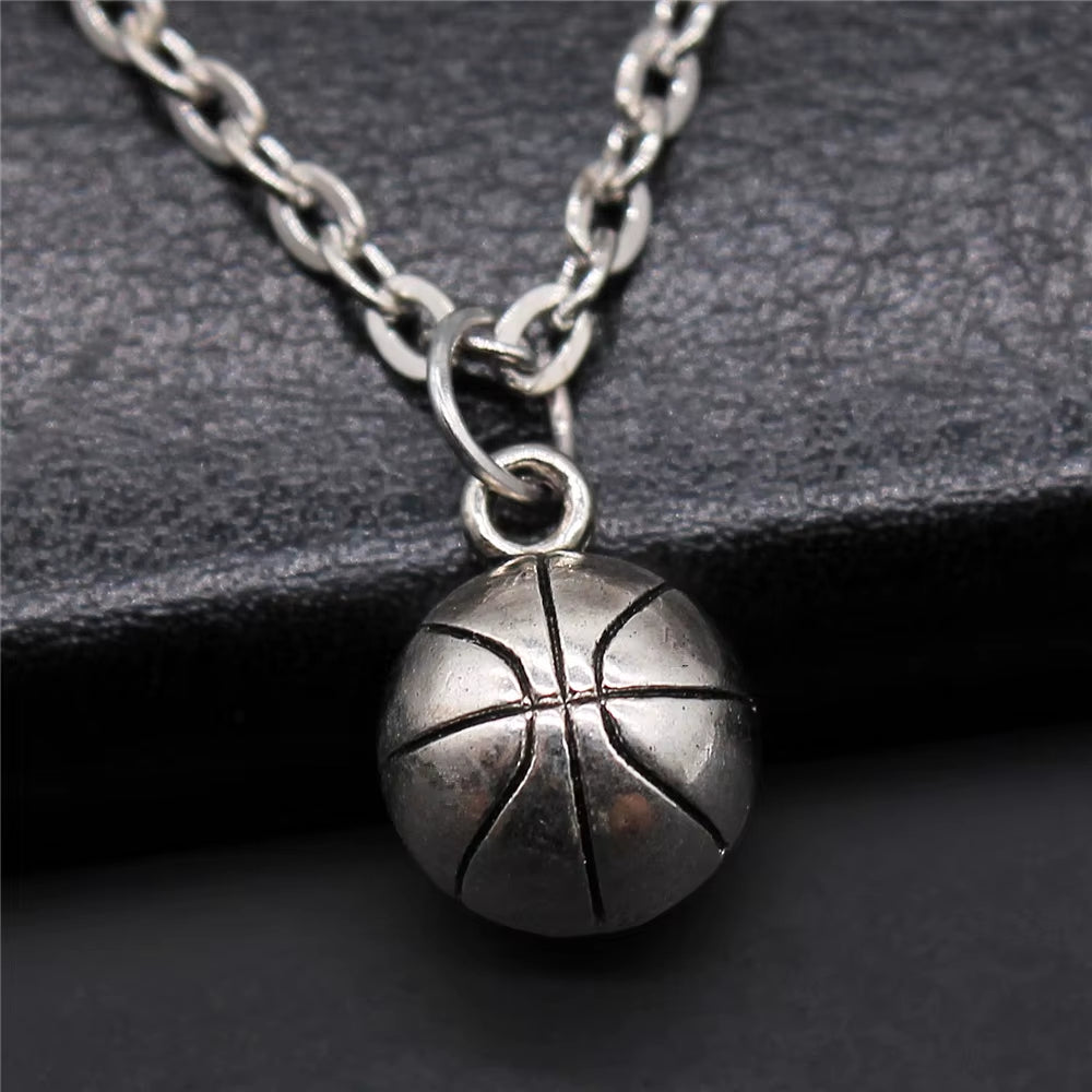 Vintage Antique Silver Color Sport Jewelry Necklace Volleyball Soccer Basketball Baseball Pendant Necklaces Metal Chain Gift