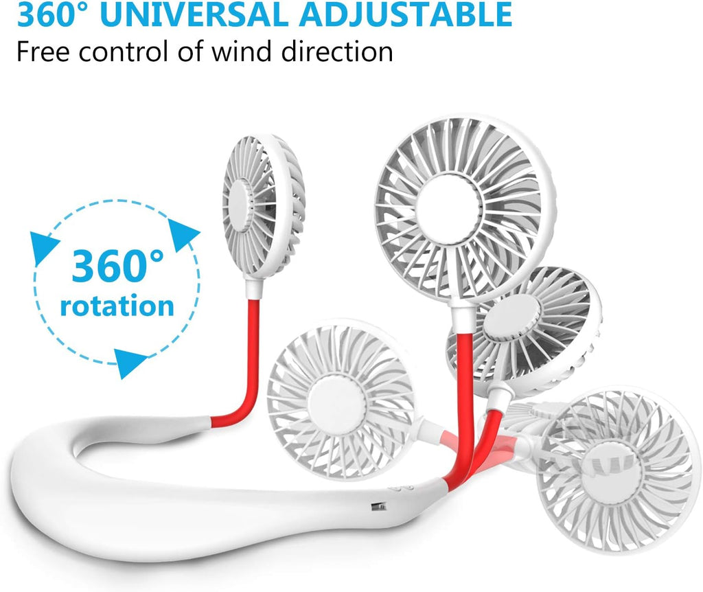 Hands Free Portable Neck Fan - Rechargeable Mini USB Personal Fan Battery Operated with 3 Level Air Flow, 7 LED Lights for Home Office Travel Indoor Outdoor (White)