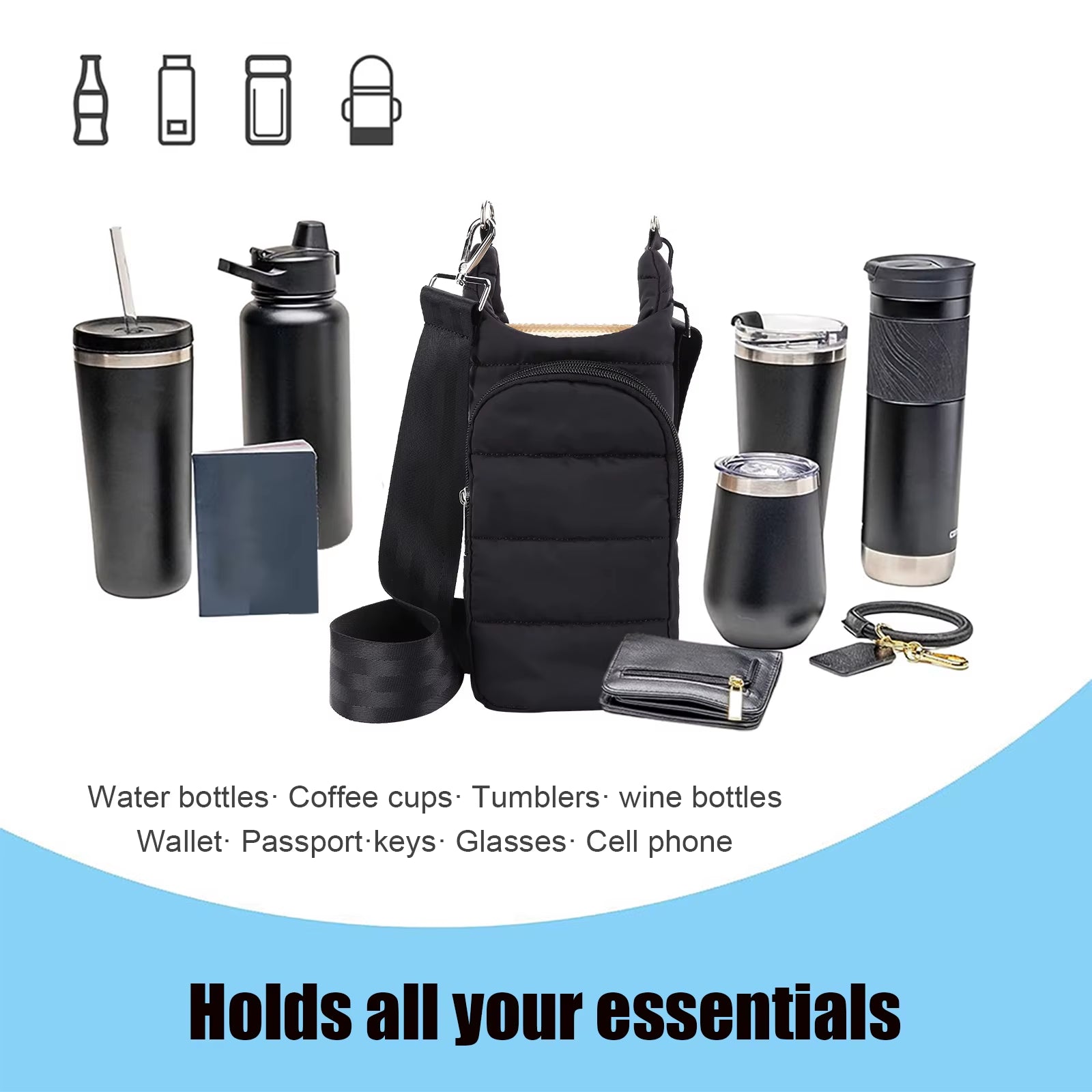 Water Bottle Holder Adjustable Wide Strap Water Bottle Carrier Portable Water Bottle Puffer Tote Soft for Outdoor Travel