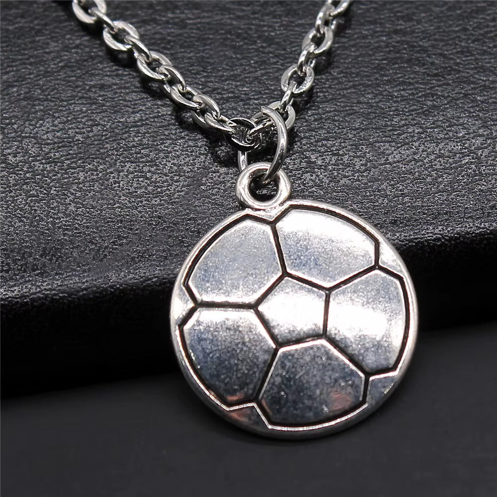 Vintage Antique Silver Color Sport Jewelry Necklace Volleyball Soccer Basketball Baseball Pendant Necklaces Metal Chain Gift