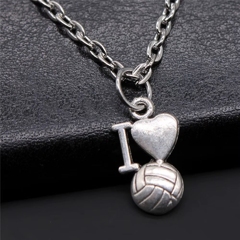 Vintage Antique Silver Color Sport Jewelry Necklace Volleyball Soccer Basketball Baseball Pendant Necklaces Metal Chain Gift