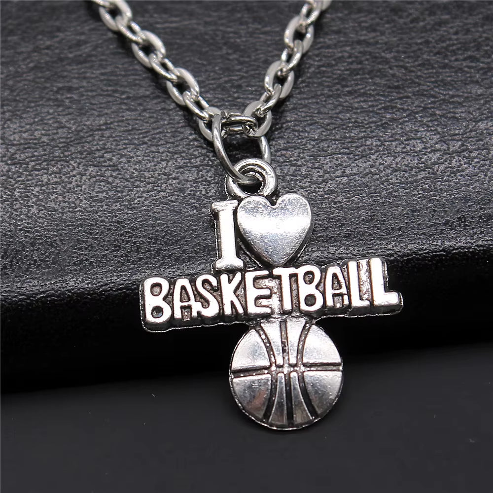 Vintage Antique Silver Color Sport Jewelry Necklace Volleyball Soccer Basketball Baseball Pendant Necklaces Metal Chain Gift