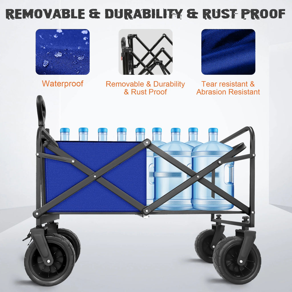 560Lbs Large Collapsible Wagon Cart, Foldable Heavy Duty Big Bucket Cart Wagon with Side Storage, Multi-Terrain Wheels with Brakes for Shopping, Camping, Garden, Grocery, Blue