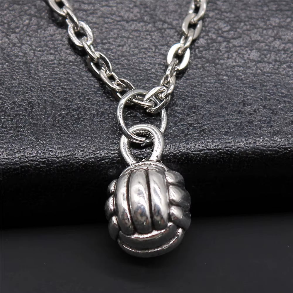 Vintage Antique Silver Color Sport Jewelry Necklace Volleyball Soccer Basketball Baseball Pendant Necklaces Metal Chain Gift