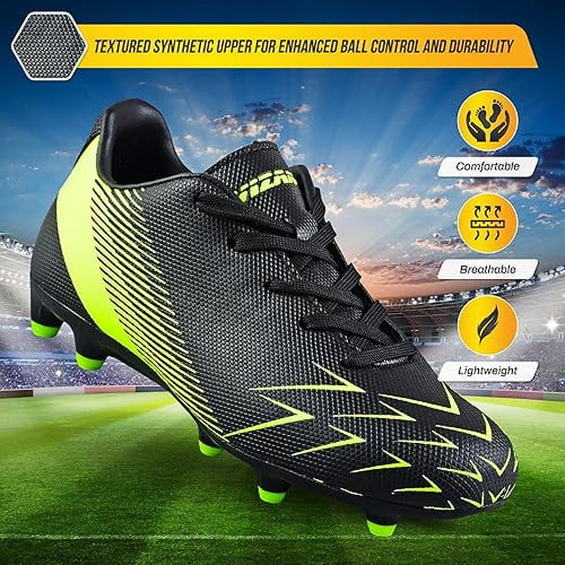 Ranger Firm Ground Soccer Cleats for Kids – Durable, Comfortable, and Lightweight Soccer Shoes for Toddlers, Little Kids, and Big Kids, Black/Neon Green, 8.5