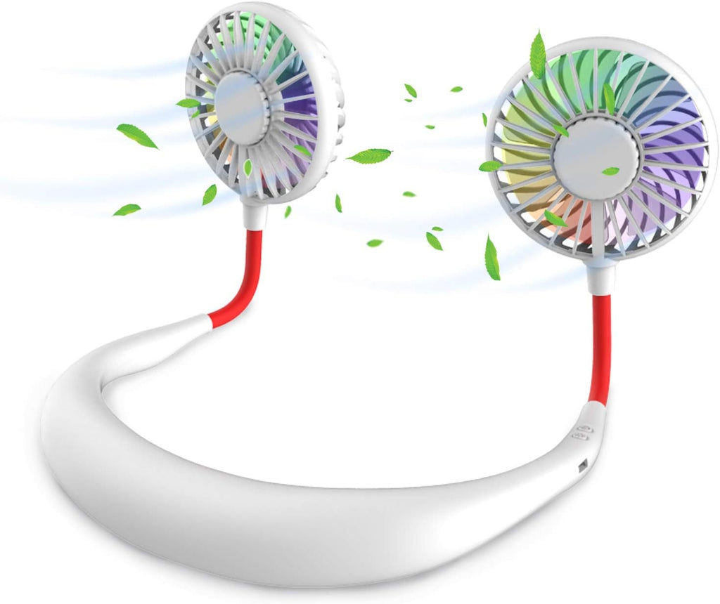 Hands Free Portable Neck Fan - Rechargeable Mini USB Personal Fan Battery Operated with 3 Level Air Flow, 7 LED Lights for Home Office Travel Indoor Outdoor (White)