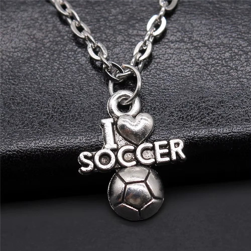 Vintage Antique Silver Color Sport Jewelry Necklace Volleyball Soccer Basketball Baseball Pendant Necklaces Metal Chain Gift