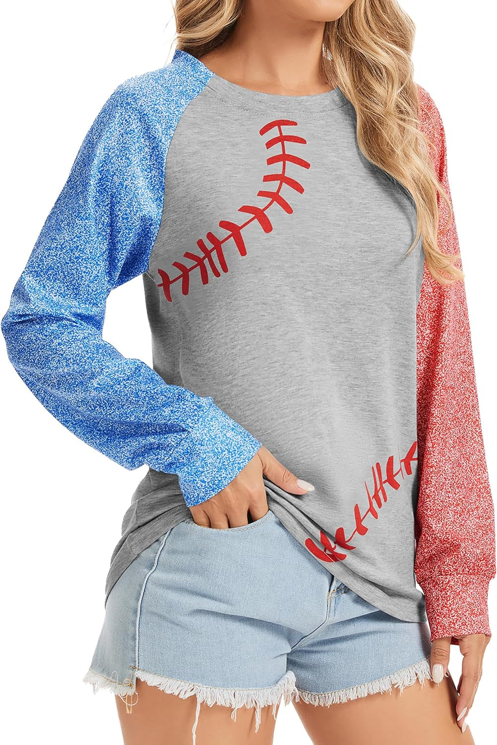 Womens Baseball Mom Shirt Long Sleeve Loose Comfy Patchwork Raglan Baseball Tees Tops