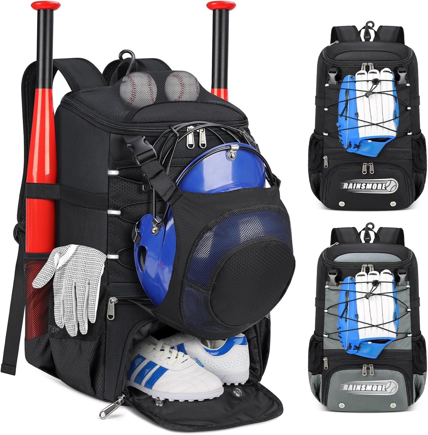 Baseball Bag for Youth & Adult Lightweight Softball Bat Bag with Shoe Compartment, External Helmet Holder and Fence Hook Waterproof Baseball Backpack Hold T-Ball, Bat and Softball Equipment