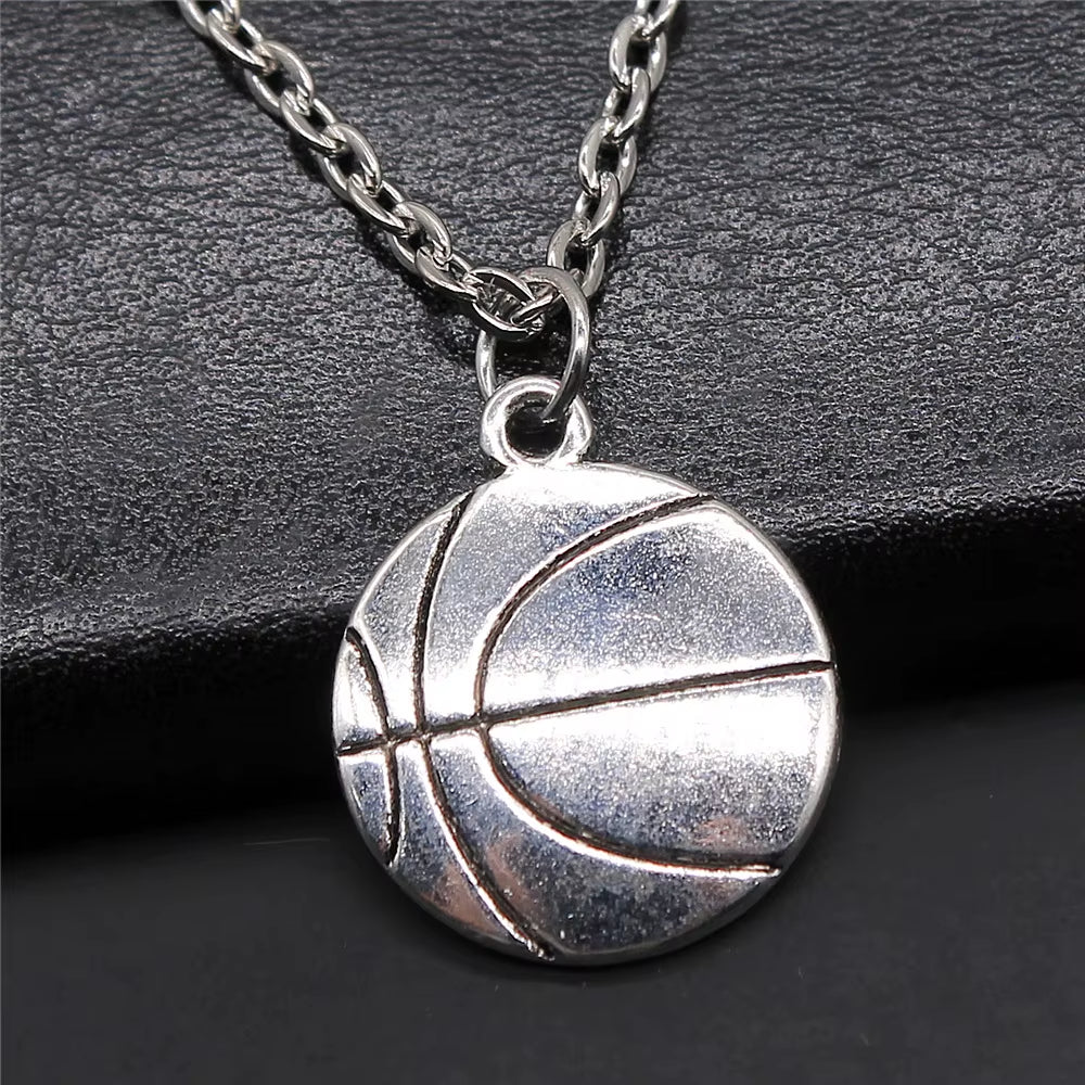 Vintage Antique Silver Color Sport Jewelry Necklace Volleyball Soccer Basketball Baseball Pendant Necklaces Metal Chain Gift