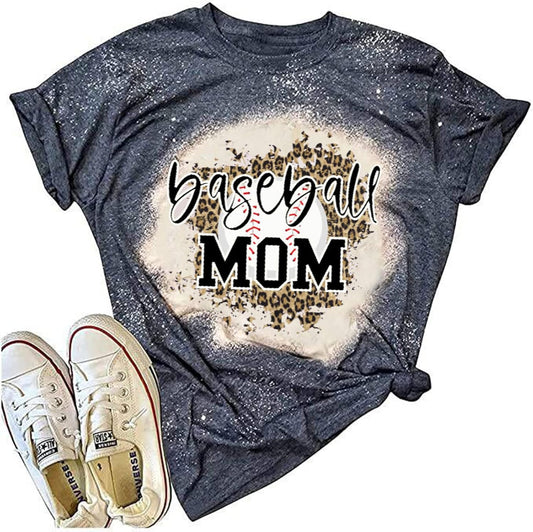 Baseball Mom Bleached T-Shirt Women Funny Baseball Leopard Graphic Tee Casual Short Sleeve Baseball Mama Tops Tee (As Shown, M)