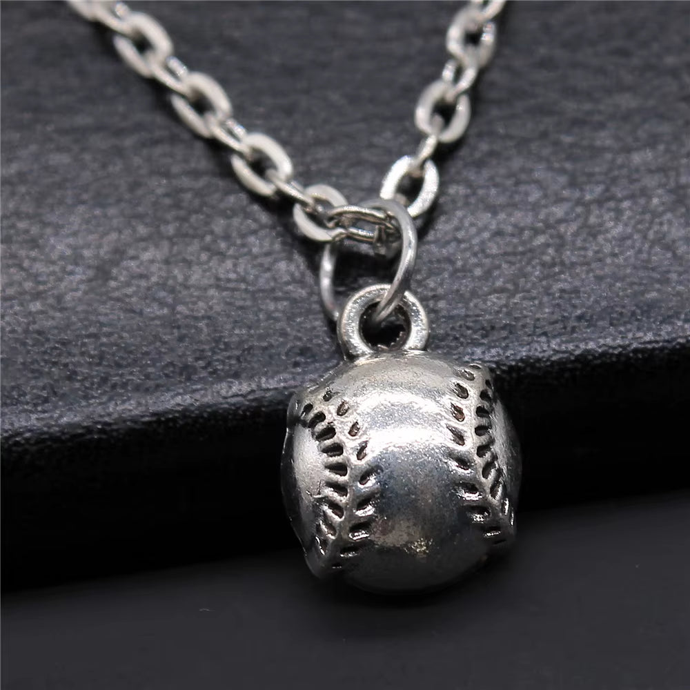 Vintage Antique Silver Color Sport Jewelry Necklace Volleyball Soccer Basketball Baseball Pendant Necklaces Metal Chain Gift