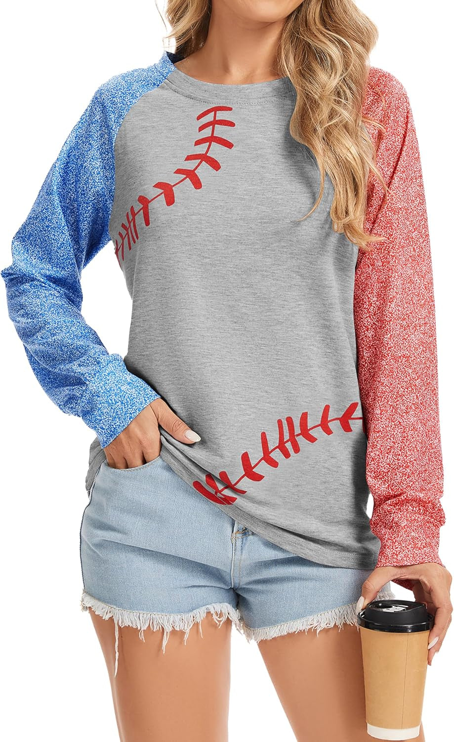 Womens Baseball Mom Shirt Long Sleeve Loose Comfy Patchwork Raglan Baseball Tees Tops