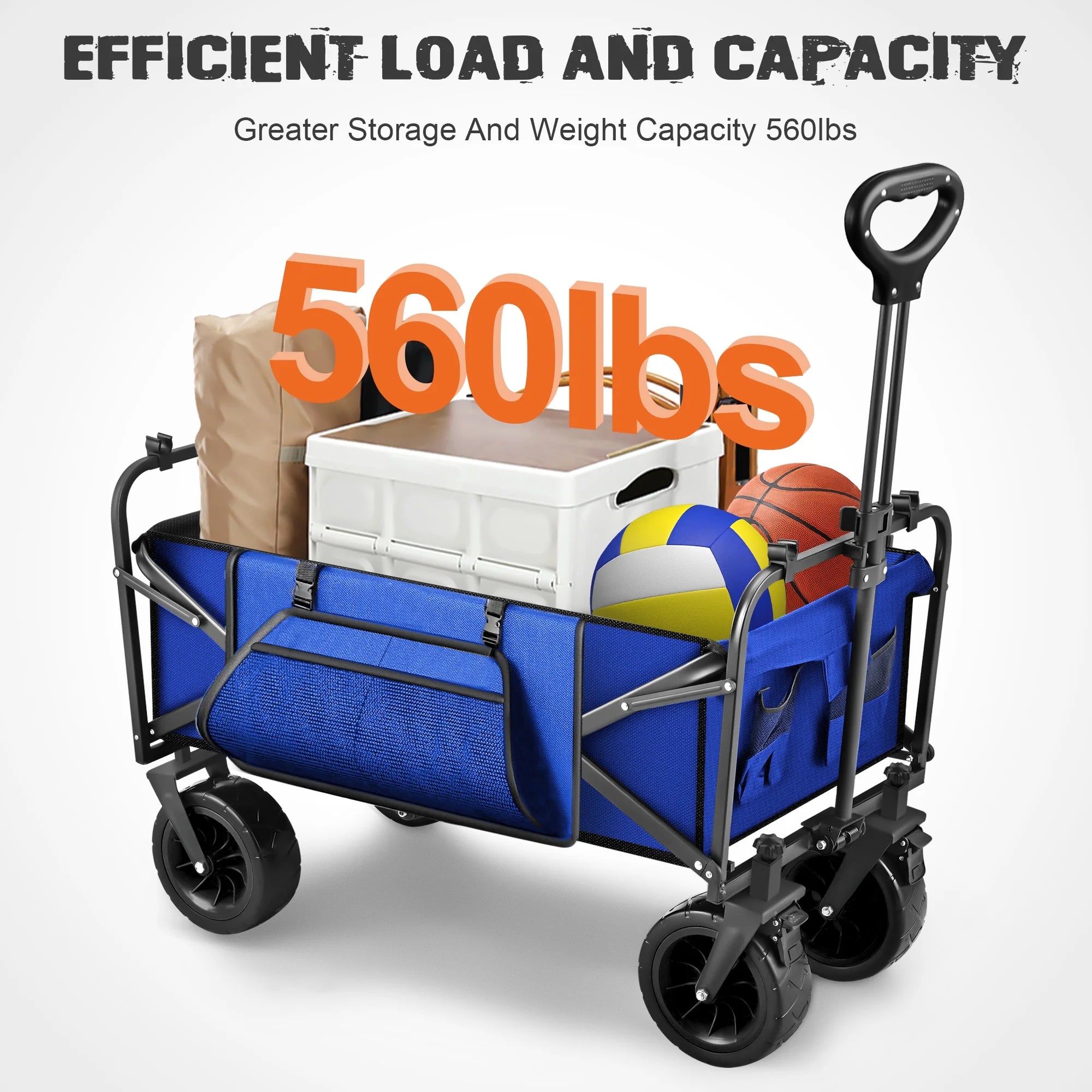 560Lbs Large Collapsible Wagon Cart, Foldable Heavy Duty Big Bucket Cart Wagon with Side Storage, Multi-Terrain Wheels with Brakes for Shopping, Camping, Garden, Grocery, Blue