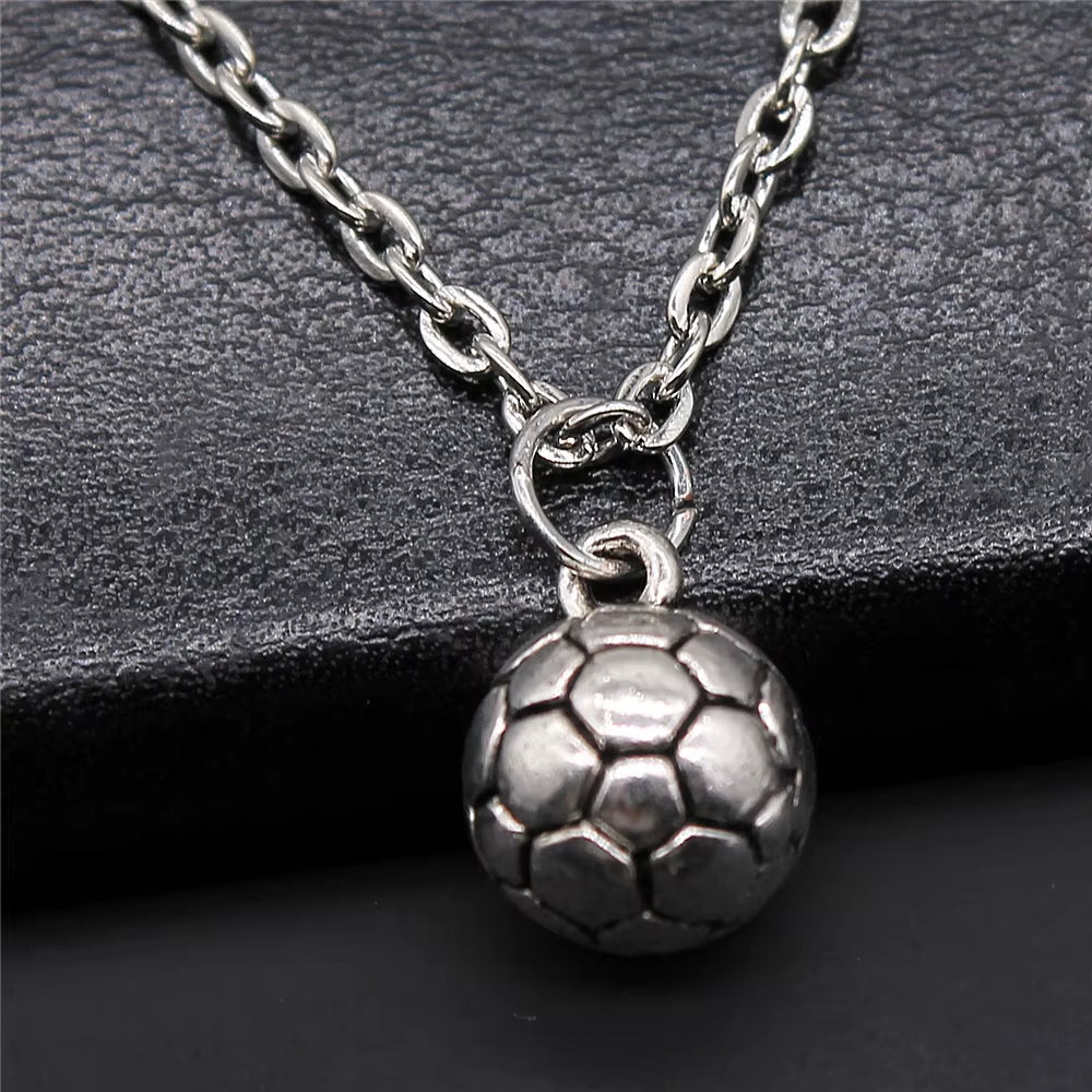 Vintage Antique Silver Color Sport Jewelry Necklace Volleyball Soccer Basketball Baseball Pendant Necklaces Metal Chain Gift