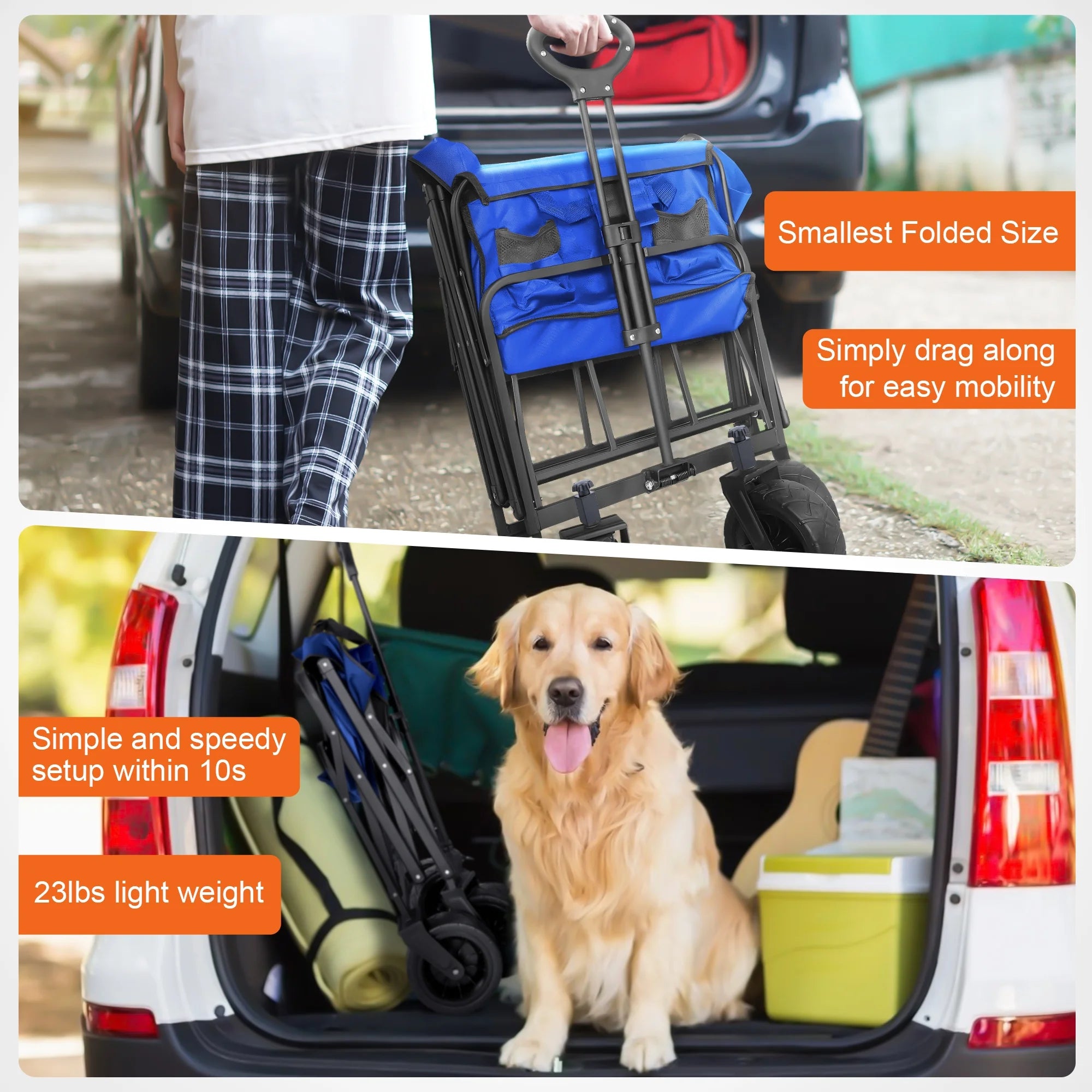 560Lbs Large Collapsible Wagon Cart, Foldable Heavy Duty Big Bucket Cart Wagon with Side Storage, Multi-Terrain Wheels with Brakes for Shopping, Camping, Garden, Grocery, Blue