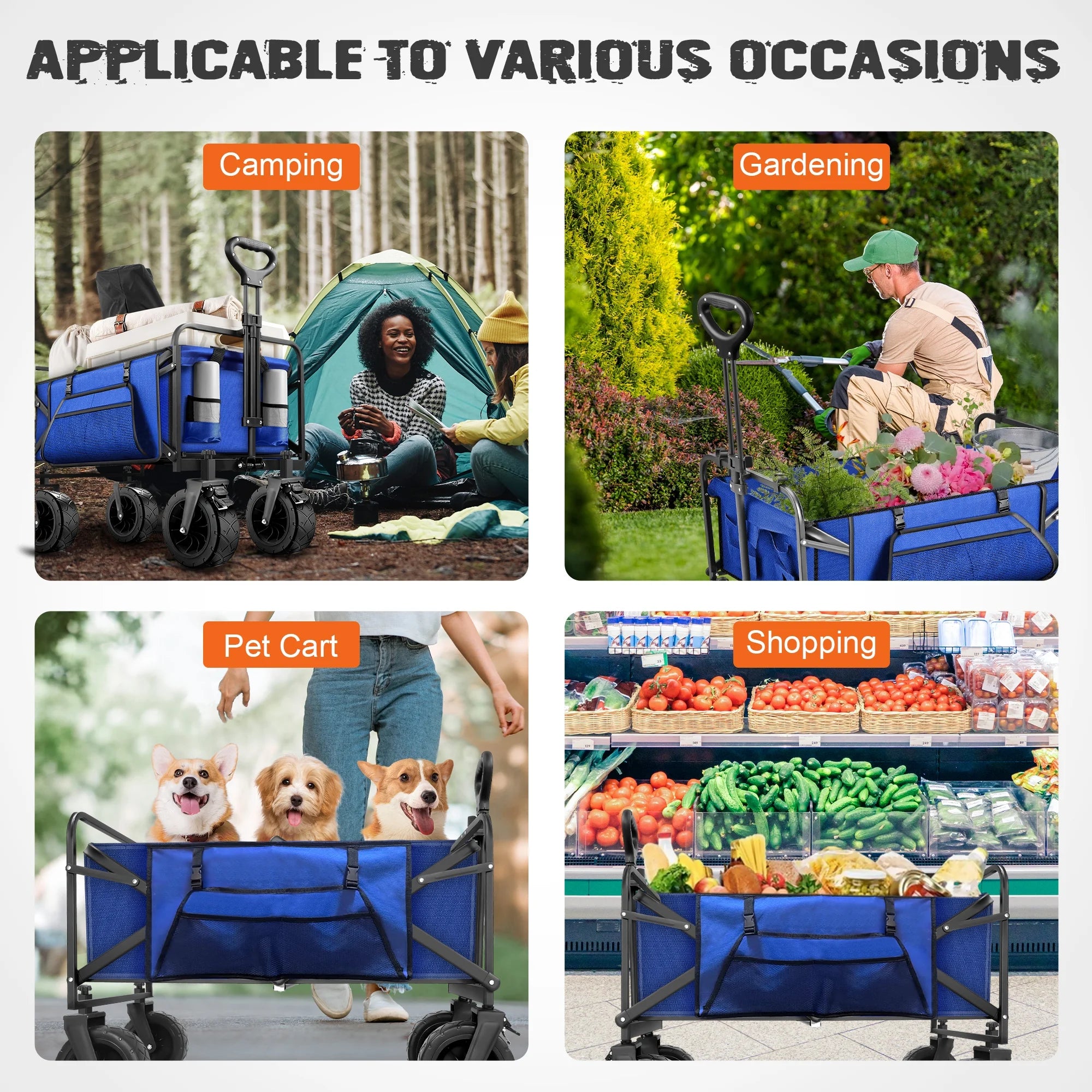 560Lbs Large Collapsible Wagon Cart, Foldable Heavy Duty Big Bucket Cart Wagon with Side Storage, Multi-Terrain Wheels with Brakes for Shopping, Camping, Garden, Grocery, Blue