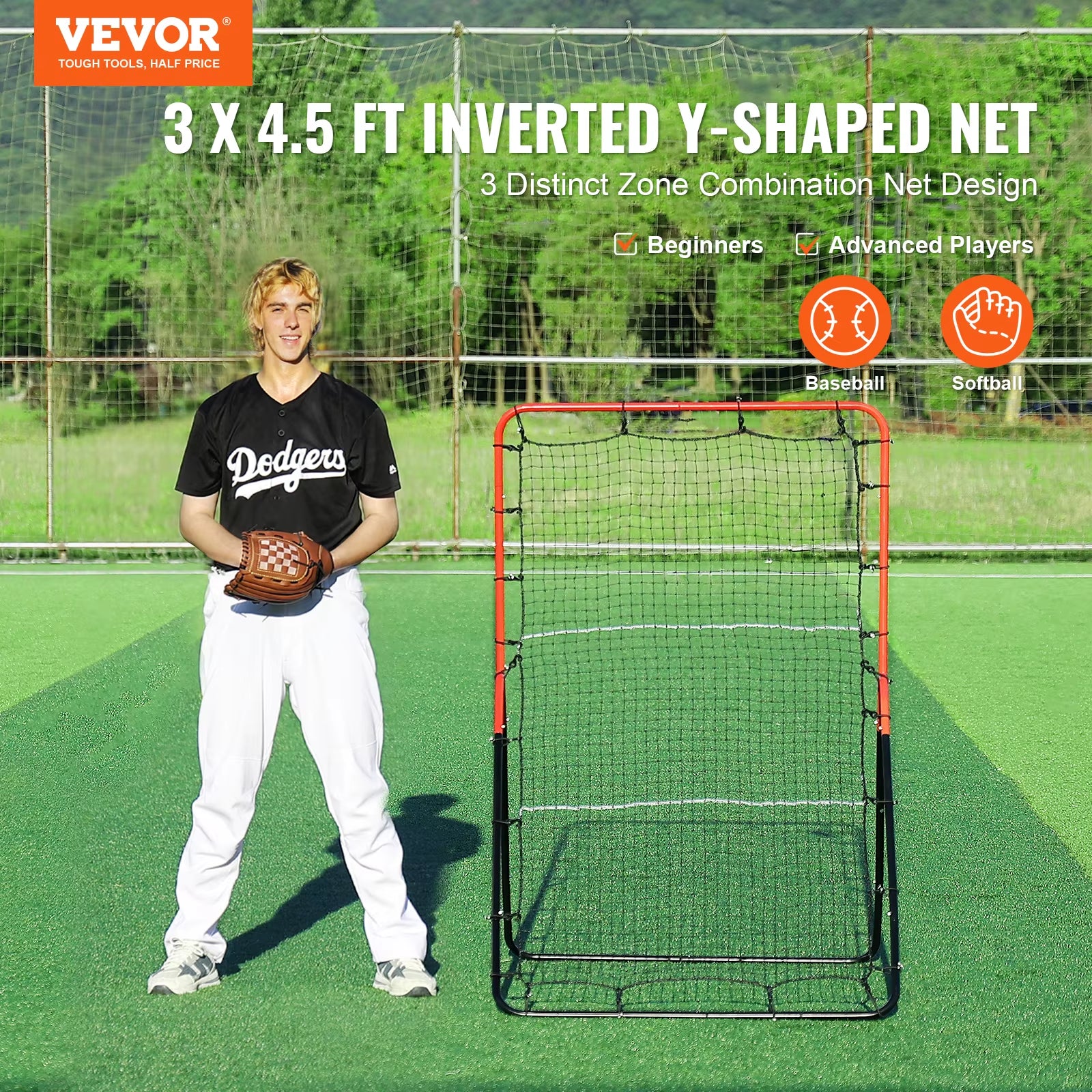 VEVOR Baseball and Softball Rebounder Net 3 X 4.5 Ft Pitchback Baseball Pitching Nest Three-Way Baseball Softball Pitchback Net