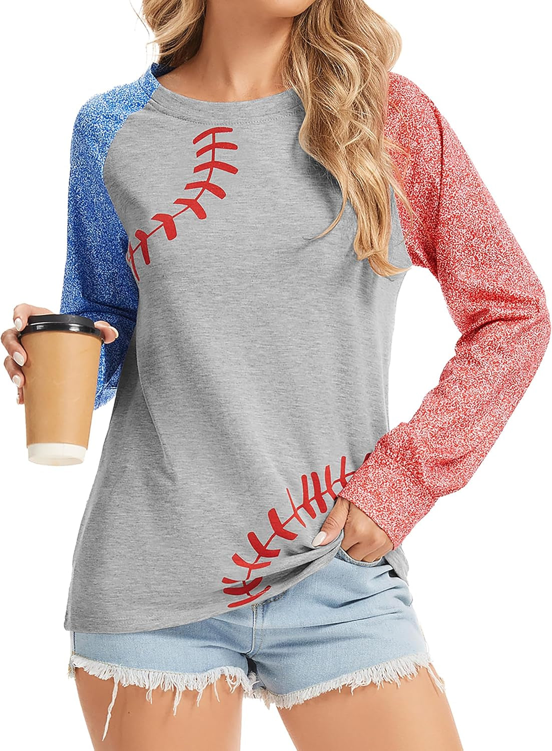Womens Baseball Mom Shirt Long Sleeve Loose Comfy Patchwork Raglan Baseball Tees Tops