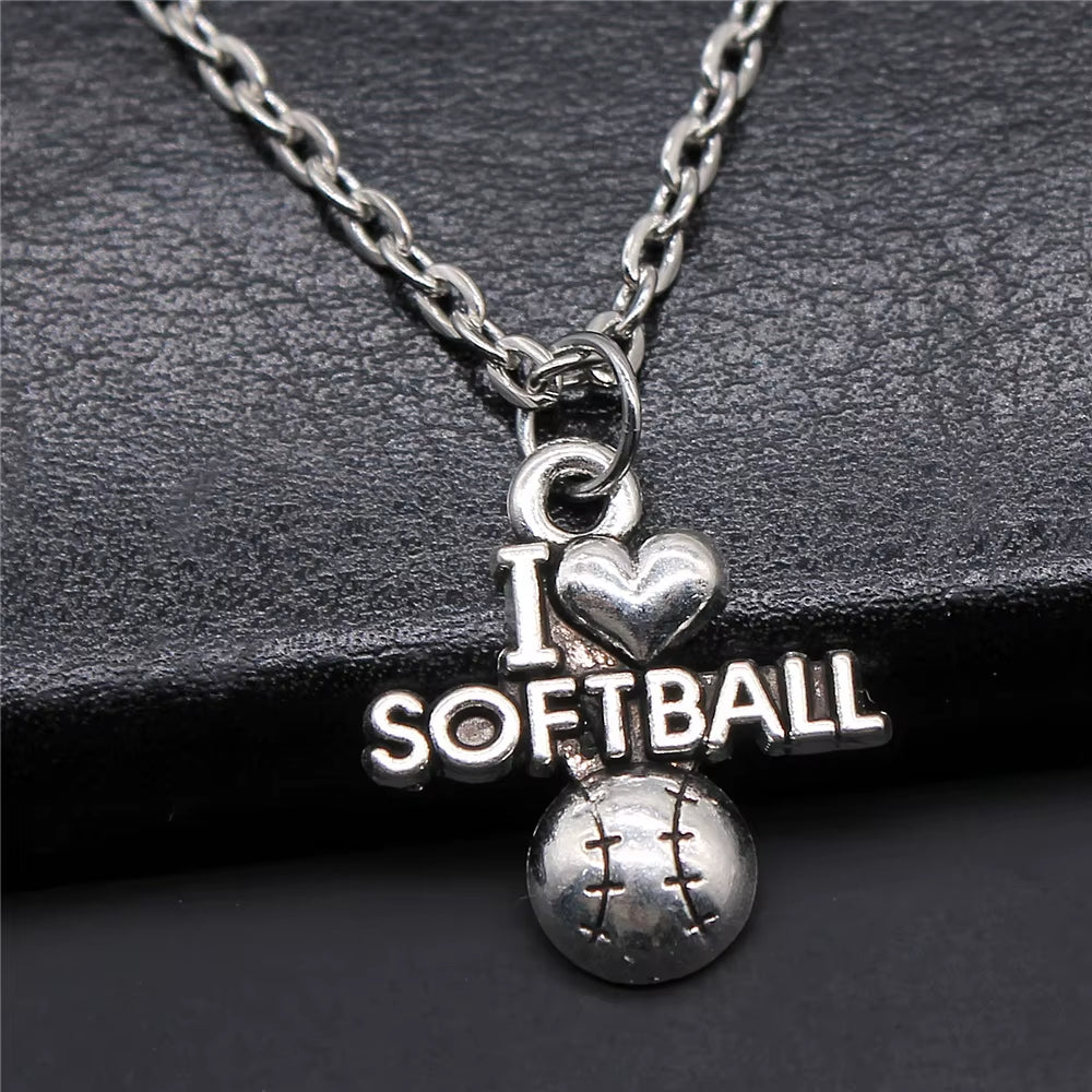 Vintage Antique Silver Color Sport Jewelry Necklace Volleyball Soccer Basketball Baseball Pendant Necklaces Metal Chain Gift