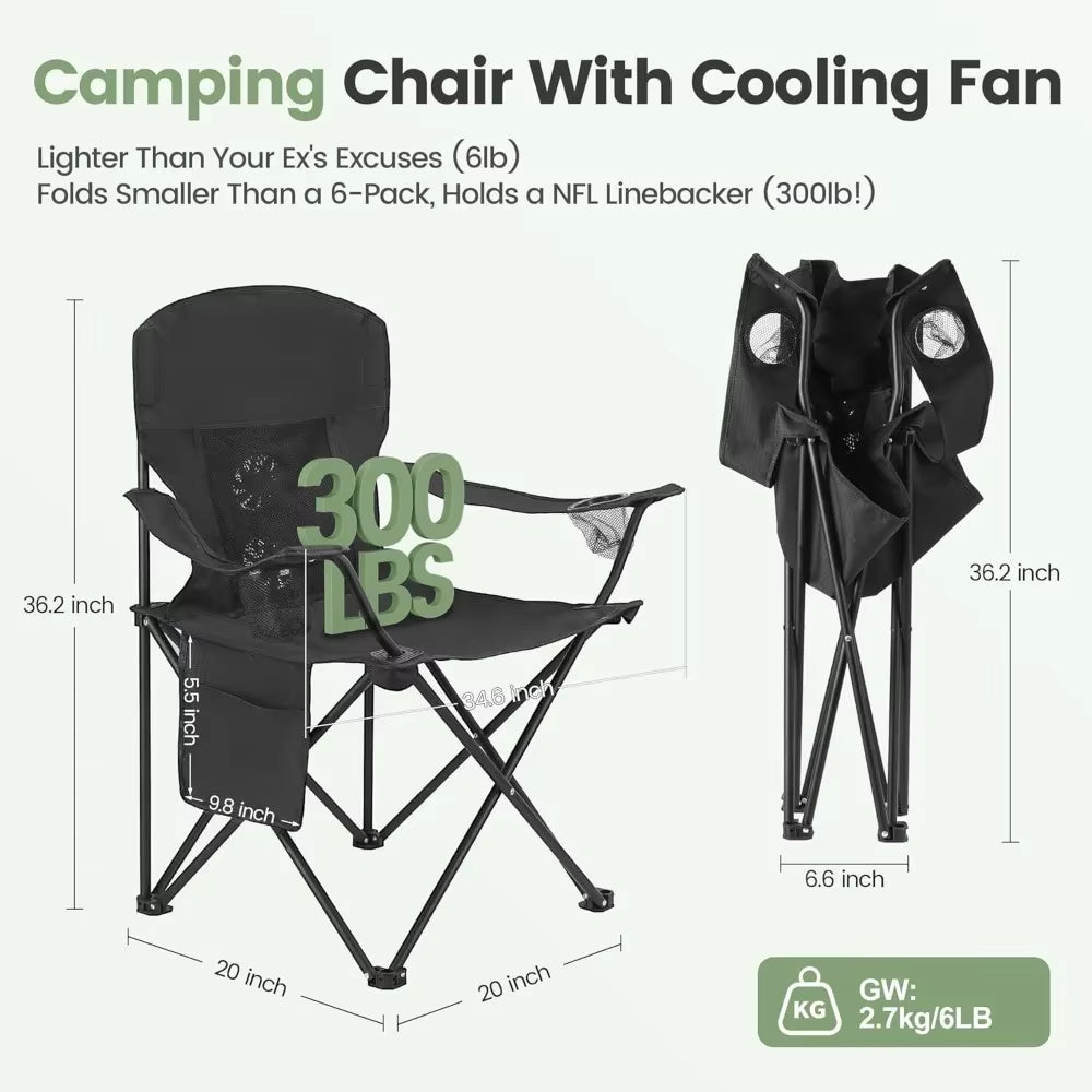 2 Pack Camping Chairs with Fan, Lightweight Camp Chair 300LBS Portable Foldable Chairs for Adults &